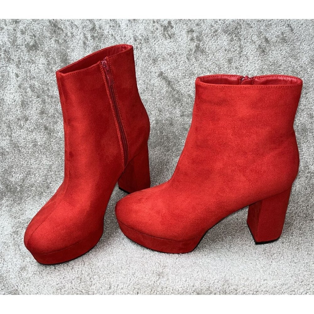 Red Suede High Heel Platform Ankle Boots Size 9 By Top Moda